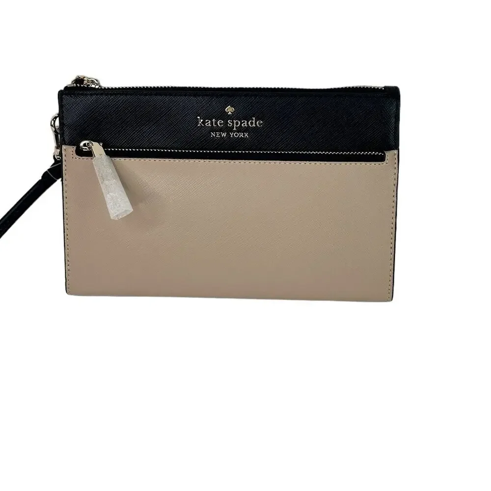 Kate Spade color block Staci Medium Wristlet warm beige and Black